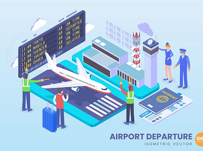 Isometric Airport Departure Concept 3d 3d animation 3d art 3d character 3d illustration agency app business conceptual developemnt flat illustration landing page page technology vector web web design web development website