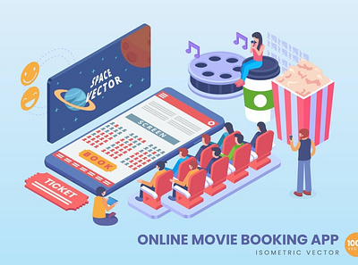 3D Online Movie Booking App Concept 3d 3d animation 3d art 3d character 3d illustration agency app business concept conceptual flat illustration landing landing page landing pages page process technology vector web