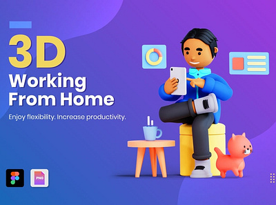 3D Working From Home Illustration 3d 3d animation 3d art 3d charater 3d illustration agency app business computer concept conceptual flat home illustration landing page process technology vector web