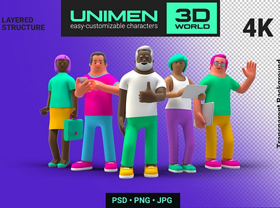 Team 3D People Teamwork on Transparent Background 3d background character funny girl happpy illustration man people pose team teamwork transparent unimen woman