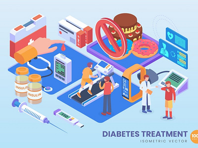 Isometric Diabetes Treatment Vector Concept 3d illustration care clinic condition diabetes diet healthcare illustration infographic insulin isometric medical medicine sugar treatment vector