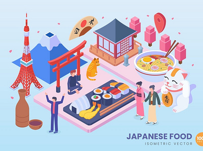 Isometric Japanese Food Vector Concept chinese culture food gourment infographic isometric japanese meal menu noodle ramen raw restaurant sushi vector