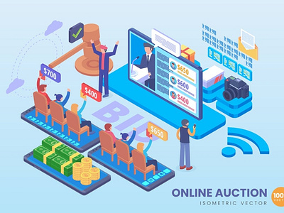 Isometric Online Auction Vector Concept auction bid buy cyber game gave infographic internet isometric landing online raffle technology vector web