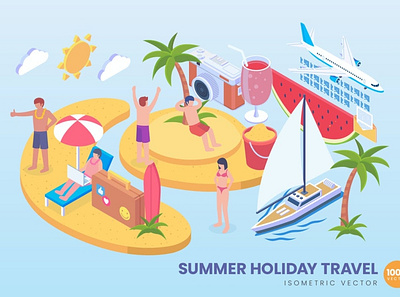 Isometric Summer Holiaday Vector Concept beach digital freelancer holiday infographic island isometric nomad remote sea summer traveling vacation vector work