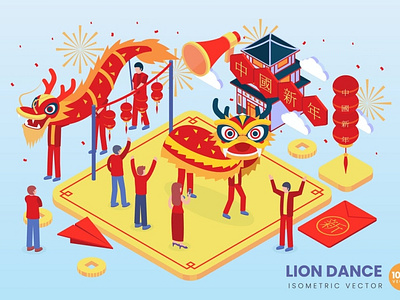 Isometric Lion Dance Vector Concept Illustration