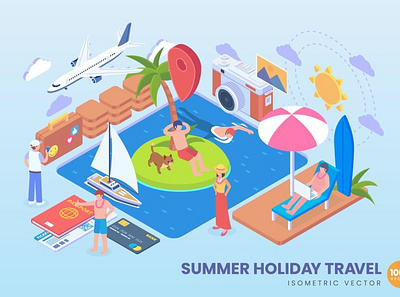 Isometric Summer Holiday Vector Concept 3d 3d animation 3d art 3d concept 3d illustration agency app business character concept conceptual development flat illustration illustrations landing page vector web website