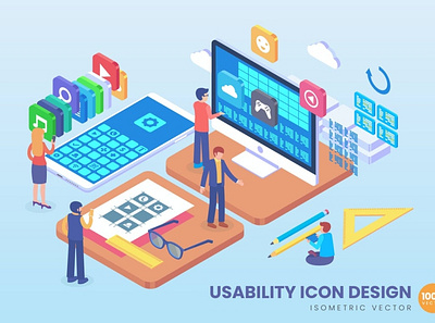 Isometric Usability Icon Design Vector Concept 3d 3d animation 3d art 3d concept 3d illustration agency app business character concept conceptual development flat illustration illustrations landing page vector web website