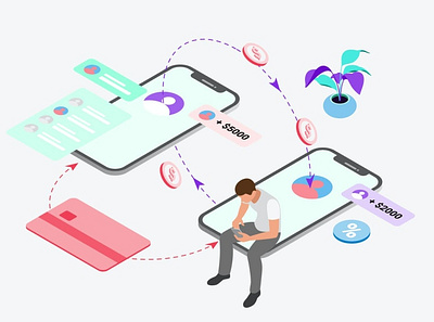 Transfer Feature by Digital Wallet Isometric 3d animation 3d art 3d character 3d illustration app barcode confirm credit card design illustration information invite isometric money network page people phone qr transfer