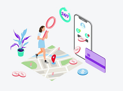 Search Transaction Places by Digital Wallet 2020 3d animation 3d art 3d illustration app credit card design illustration information isometric location map money network page people phone places search transfer