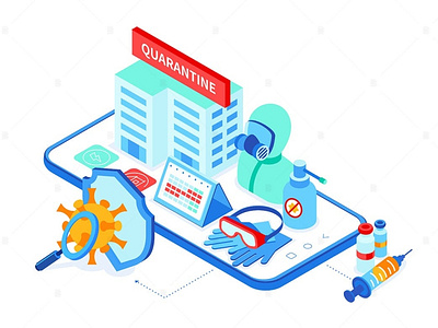 Keep Quarantine - Isometric Illustration 3d animation 3d art 3d illustration app coronavirus covide design epidemic glasses gloves illustration lockdown page pandemic protective quarantine sanitizer screen smartphone vaccine