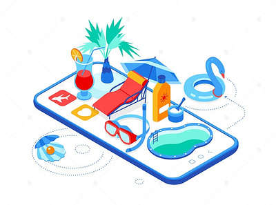 Summer Vacation - Isometric Illustration 3d animation 3d art 3d illustration app beach goggles illustration lounger mobile page pearl pool seasonal smartphone snorkel snubed sunscreen swimming traveling vacation