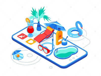 Summer Vacation - Isometric Illustration 3d animation 3d art 3d illustration app beach goggles illustration lounger mobile page pearl pool seasonal smartphone snorkel snubed sunscreen swimming traveling vacation