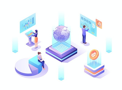 Cryptocurrency Isometric Vector Illustration 3d animation 3d art 3d illustration analysis app bitcoin coin crypto crytpocurrency data digital figma flat graphic illustration isometric management page people sketch