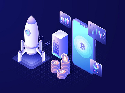 Cryptocurrency Isometric Vector Illustration 3d animation 3d art 3d character 3d illustration app bitcoin coin crypto cryptocurrency digital figma flat graphic illustration isometric landing page rocket sketch smartphone