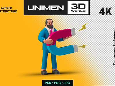 Businessman 3D holding Magnet on Transparent BG