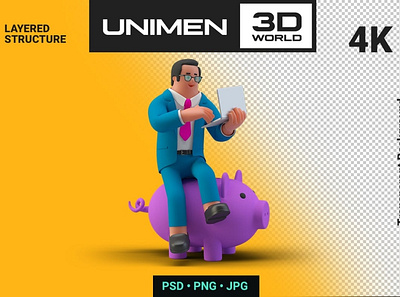 Businessman Sitting on Piggy Bank 3D Illustration 3d 3d animation 3d art 3d illustration background bank businessman character finance financial funny illustration invest man page people pig piggy uniman unimen