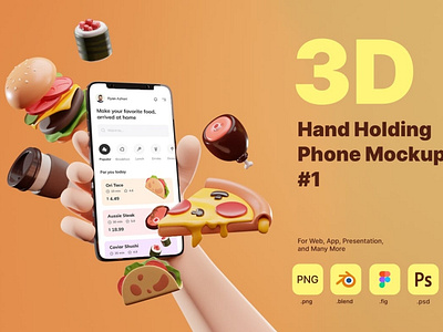 3D Hand Holding Phone Mockup for Food Industry