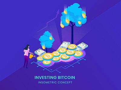 Investing Bitcoin - Insometric Vector 3d 3d animation 3d art 3d character 3d illustration animation app bitcoin blockchain design graphic design illustration investing isometric logo motion graphics page rate ui vector