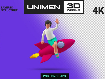 Businesswoman 3D Flying Rocket Business Startup