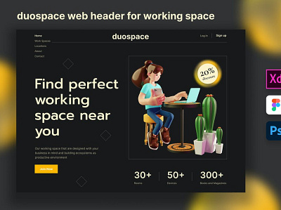Duospace - Web Header for Working Space 3d animation 3d art 3d character 3d illustration app company design financial illustration landing page page pages template ui uiux ux web web header website work