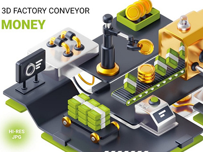 3D Money Factory 3d 3d animation 3d art 3d illustration app bank business cash coin design factory finance golden green illustration machine mechanism money page technology