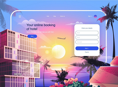 Hotel Booking Landing Page Template 3d animation 3d art 3d illustration app banner concept design flat graphic homepage icons illustration landing landing page layout page template vector web website