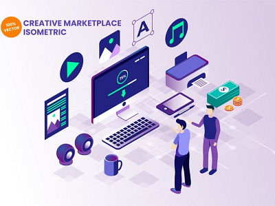 Isometric Creative Marketplace Vector Illustration 3d animation 3d art 3d illustration app business commerce concept creative design illustration isometric marketplace online page sale shop store technology vector web