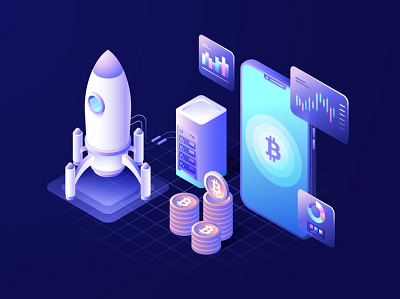 Cryptocurrency Isometric Vector Illustration 3d animation 3d art 3d illustration app bitcoin coin crypto cryptocurrency digital figma flat graphic illustration isometric landing landing page page rocket sketch smartphone