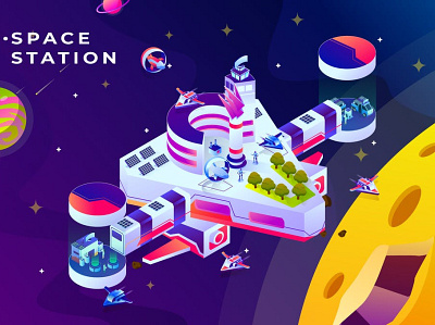 Space Station - Isometric Vector Illustration 3d analysis app blue business colors creative data design development flat graphic icons illustration isometric modern phone ui vector web
