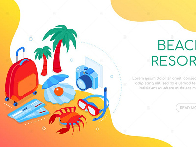 Beach Resort - Colorful Isometric Web Banner 3d 3d animation 3d art 3d character 3d illustration app concept design illustration landing landing page landing pages logo page pages ui web web design web development website