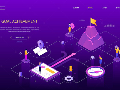 Goal Achievement - Colorful Isometric Banner 3d 3d animation 3d art 3d illustration abstract app banner banners concept design illustration logo page ui web web banner web banners web design web development website