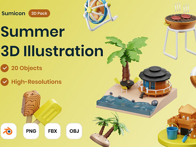 Summer 3D Illustration 3d 3d art 3d illustration bbq beach concept graphics holiday icons illustration page paradise relax shine summer sunny surfing tropical wave