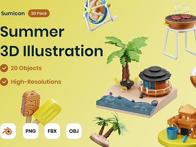Summer 3D Illustration 3d 3d art 3d illustration bbq beach concept graphics holiday icons illustration page paradise relax shine summer sunny surfing tropical wave