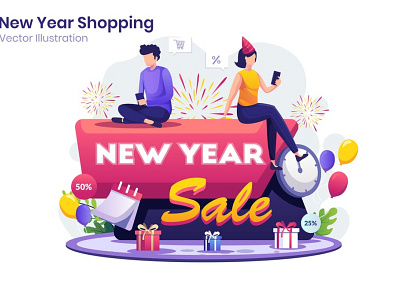 New Year Shopping Flat Illustration business celebrate celebration character christmas concept flat flat illustration gift holiday illustration new new year new years people sale vector web website year
