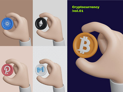 Hand Finger Holding Cryptocurrency Coin Vol.1 3d 3d art 3d illustration ada app bitcoin cardano concept crypto cryptocurrency design ethereum finger hold holding illustration matic page polkadot ui