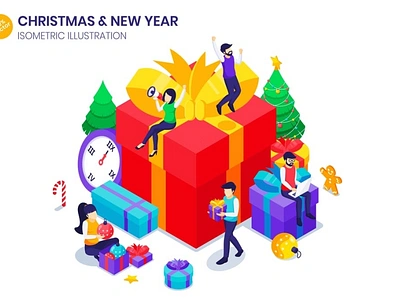 Celebrate New Year Isometric Illustration 2022 3d banner celebration character christmas concept gift happy holiday illustration isometric new people tree vector web web design website year