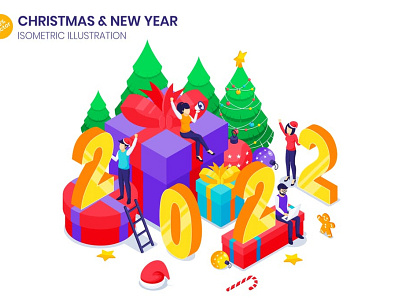 Happy New Year Isometric Illustration 2022 3d banners celebration character christmas concept gift happy holiday illustration isometric new people tree vector web web design website year