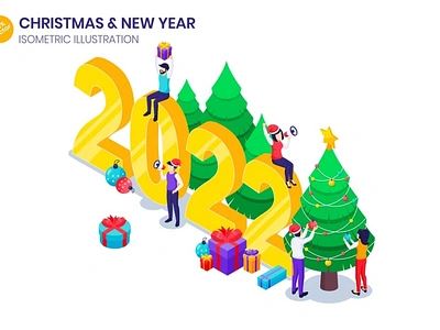 Celebrate New Year Isometric Illustration 2022 3d banner celebration character christmas concept gift happy holiday illustration isometric new people tree vector web web design website year