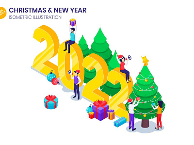 Celebrate New Year Isometric Illustration 2022 3d banner celebration character christmas concept gift happy holiday illustration isometric new people tree vector web web design website year
