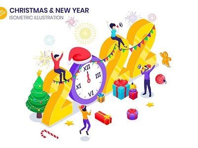 New Year Celebration Isometric Illustration 2022 3d banner celebration character christmas concept gift happy holiday illustration isometric new people tree vector web web design website year