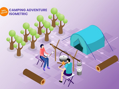 Isometric Outdoor Camping Adventure Vector 3d app concept design graphic design icon illustration isometric landing landing page people technology ui uiux user interface ux vector web web design website