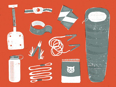 Things to Bring: Winter Road Trip adventure gear gear list green illustration knolling orange outdoors red vector