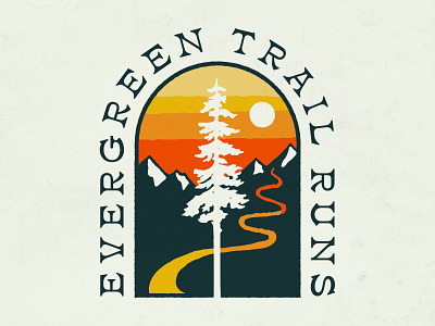 Evergreen Trail Runs illustration logo orange sunset trail running tree