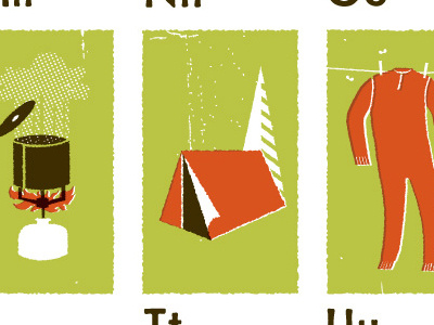 T is for Tent camping hiking illustration poster screenprint stove tent underwear