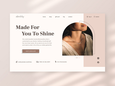 Jewellery shop design accessorise aerial beige bracelet branding brown design earrings homepage jewellery light luxurious necklace nude online shop soft ui ux warm website design