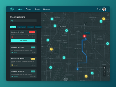 Charging Stations Service App app design charging stations dark mode dark theme dark ui design electric stations interface map navigation neon service app ui design web design