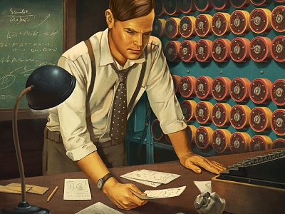 Alan Turing boardgame bombe enigma illustration retro turing vintage
