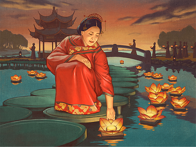 Lanterns boardgame china festival illustration kimono lake lanterns retro sunset vintage