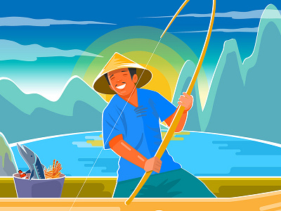 Fisher ad fisher flat happy illustration vector vietnam