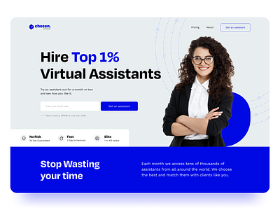 Hero exploration for Assistant hiring platform blue first dribbble shot minimal website product design web design